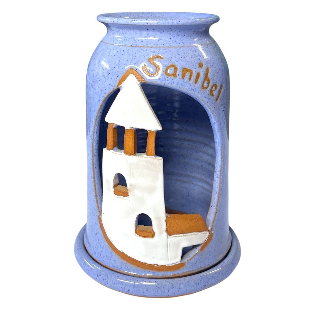 Vintage Sanibel Pottery Lighthouse Candle Holder Blue Ceramic Decor